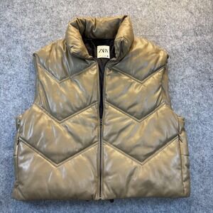 Zara Puffer Vest Womens Gilet Large Brown Faux Leather Quilted Zip Padded Winter